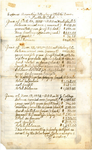 A page from the Allegheny Athletic Association's account book showing three members of the team under contract in 1892.